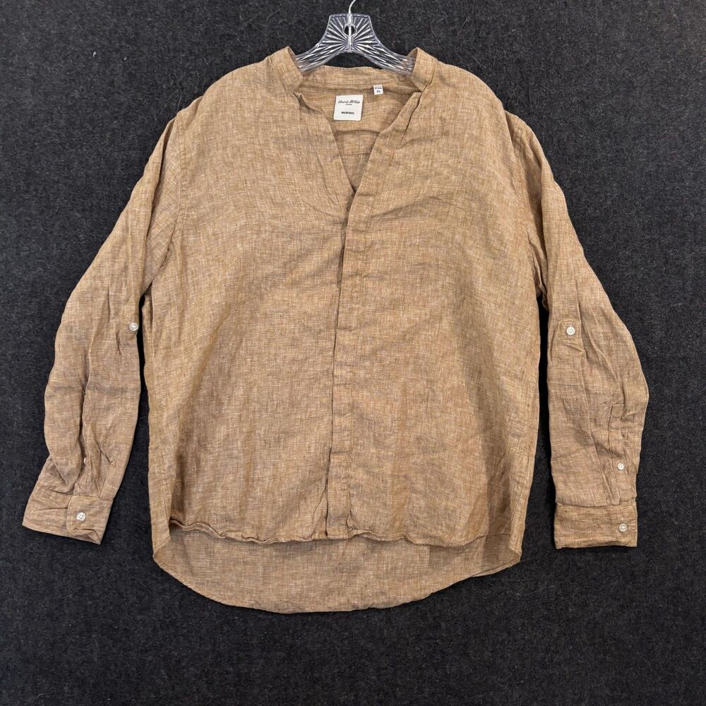 Murano Baird McNutt Shirt Men's XL Brown 100% Linen Band Collar Henley Casual